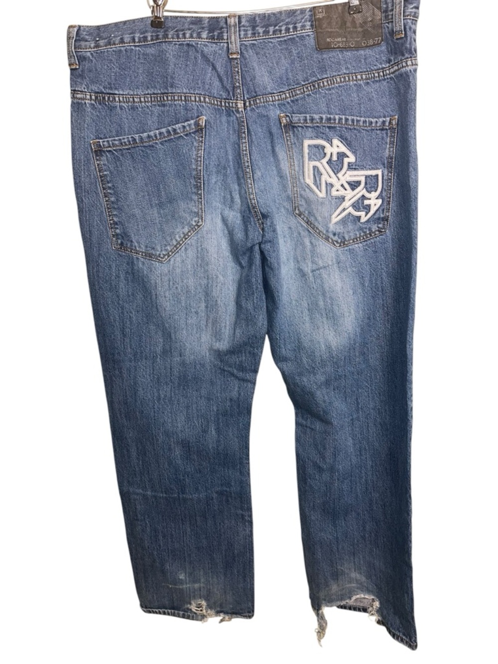 Rocawear Y2K Baggy Jeans Distressed Logo Pocket Blue Denim 40x32